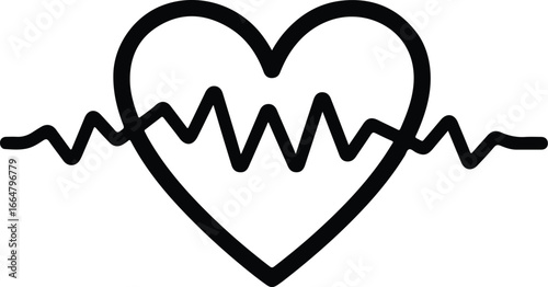 Art & IlluHeart with heartbeat line icon, medical and health care symbol in black outline style, isolated on white background, simple illustration for cardiology, fitness, wellness, or hospitastration