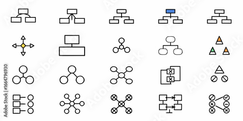 Illustration showing various diagram and chart types including flowcharts and hierarchical structures shown