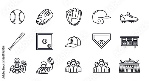 Line art representation of essential baseball equipment and personnel, showcasing the sport's core elements in a minimalist style