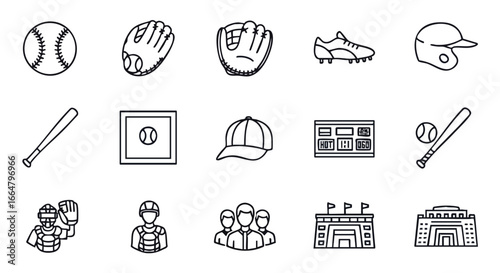 Line Art Illustration Showcasing Various Baseball Related Elements and Equipment Essentials for Baseball Players and Fans