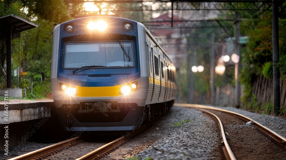 Fototapeta premium Evening Arrival: Electric Commuter Train at Suburban Station with Warm Studio Lighting, Bokeh Effect, and Depth Composition