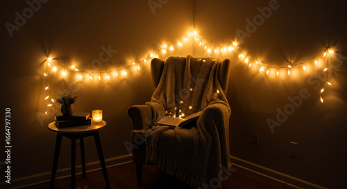 Cozy reading nook with warm fairy lights, plush blanket, open book, and ambient candle glow creates hygge atmosphere.