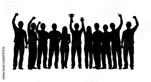 celebrate success transparent png of a jubilant team silhouette with trophy perfect for design projects