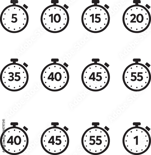 Stopwatch timer icon set, countdown numbers from 1 to 55 in intervals, black silhouette style, isolated on white background, simple vector illustration for time management, sports, fitness, or schedul