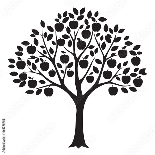Silhouette of an Apple Tree Laden with Apples on White Background fruit tree