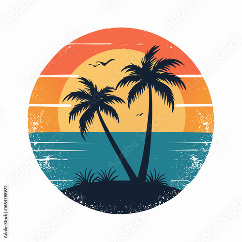Vintage tropical sunset with palm tree silhouettes