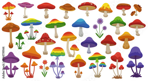 Colorful cartoon mushrooms and flowers collection in playful design