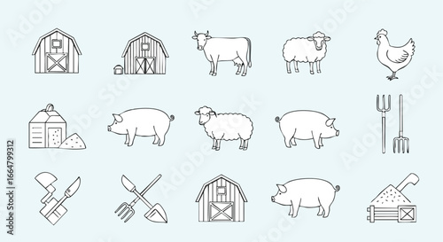 Linear Farm Life Depiction: Outlined Animals, Barns and Tools Illustration with Simple Line Drawings Showcasing Agricultural Elements