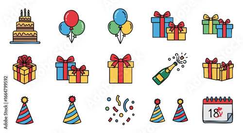 Celebration icons featuring cake, balloons, gifts, champagne, and party hats in a festive array