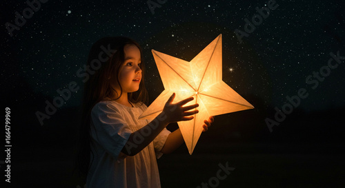 Young girl holding glowing star lantern against starry night sky, symbolizing hope and wonder.