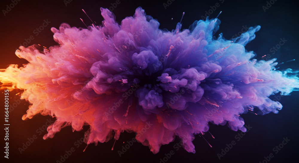 Obraz premium Vibrant explosion of colorful powder clouds with dynamic motion and glowing particles