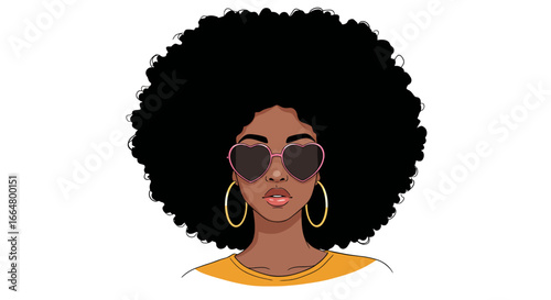 Stylish afro woman with heart sunglasses and hoop earrings