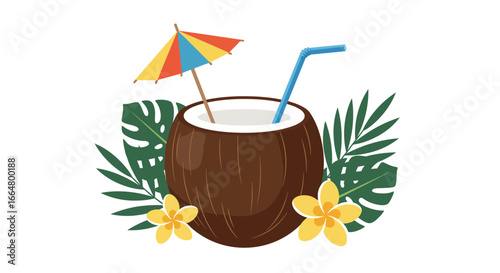 Tropical coconut drink with leaves and flowers in flat design