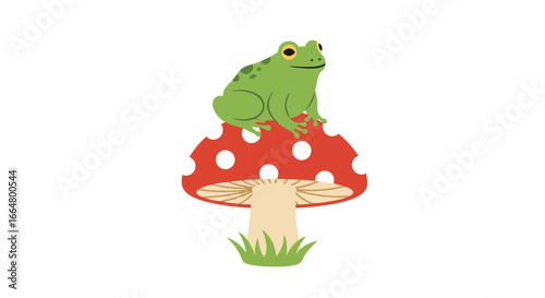 Green frog on red toadstool mushroom with grass in flat design