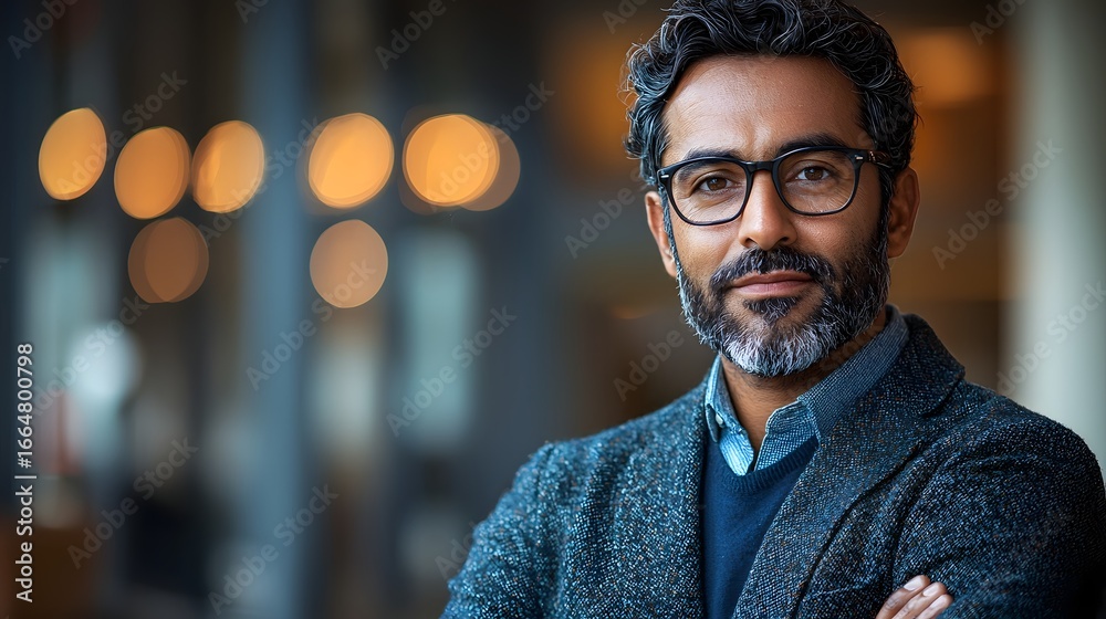 Obraz premium A confident professional man in an office setting long title A well dressed bearded man in a corporate office setting looking focused and thoughtful