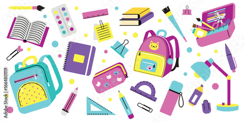 School set elements: stationery, notebooks, pencils, backpacks in flat cartoon style. Perfect for banners, social media, and promotional materials.vector flat cartoon illustration