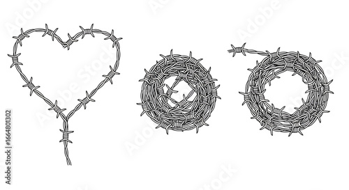 Barbed wire heart, circle, and line designs in black and white
