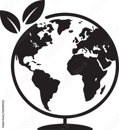 A stylized black and white icon of planet Earth with two leaves sprouting from the top, representing environmental care and growth.