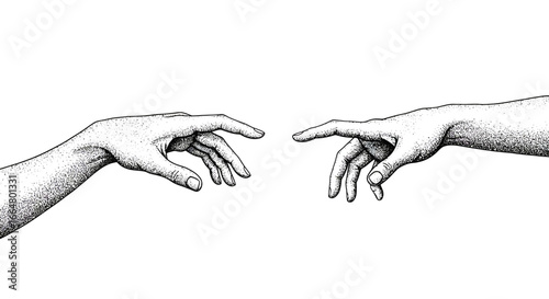 Pointillist hands reaching symbolizing connection and creation