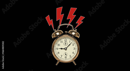 Vintage alarm clock with red lightning bolts on black background