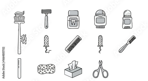 Collection of illustrated hygiene and personal care items for morning routine needs in bathroom setting in grey and white colours minimalist style