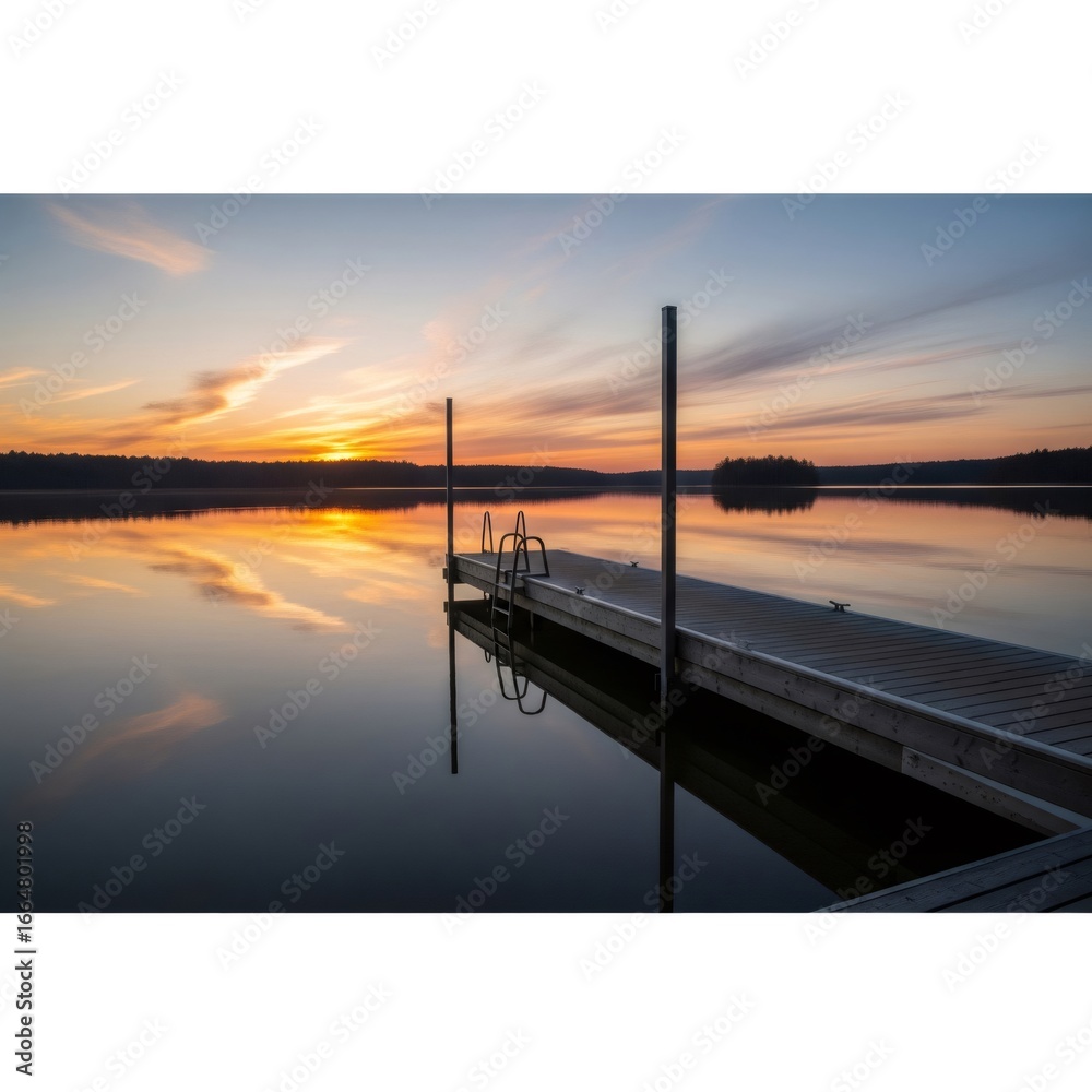 Obraz premium Wooden pier reflecting on calm lake at sunset with orange clouds