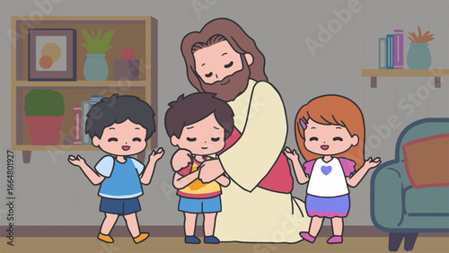 Happy Kids with Jesus Vector Scene. Perfect for religious education, Christian art, Sunday school materials, and inspirational designs. Symbolizing love, faith, and Christianity