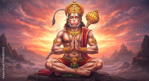 Lord hanuman meditating in a lotus pose, a revered hindu deity symbolizing devotion and strength