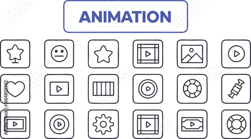 Collection of animation and media icons with play buttons