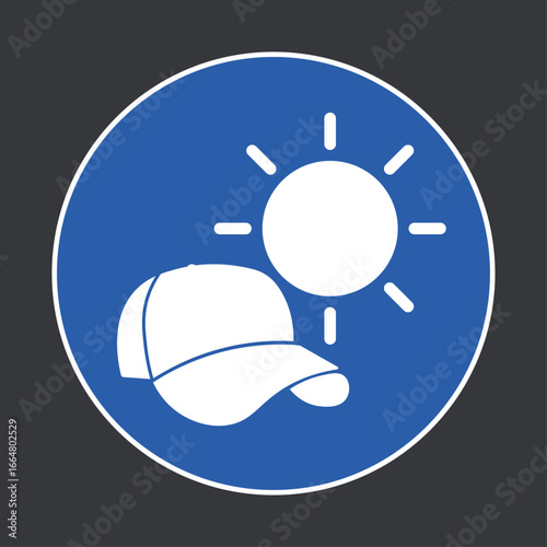 Round blue hat and sun rays, symbolizing sun heat protection sign, caution sign for UV safety, outdoor activity, summer travel, and health awareness.