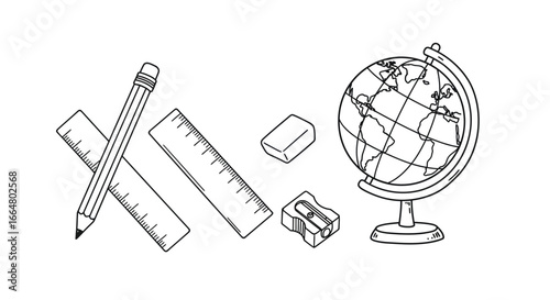 Simple line art of school supplies: pencil, ruler, eraser, sharpener, globe