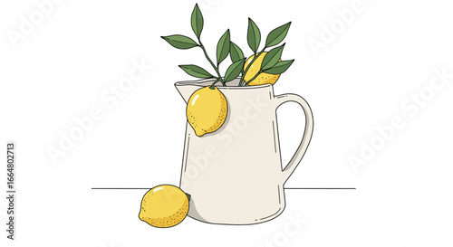 Fresh lemons in ceramic pitcher with green leaves on white background