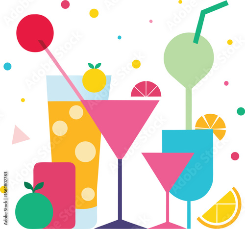 Colorful cocktails with assorted drinks and festive garnishes for parties and celebrations – vector illustration