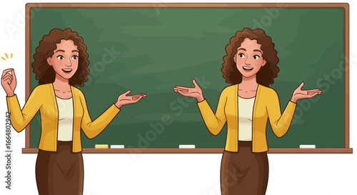 Two teachers engaged in conversation in front of green chalkboard