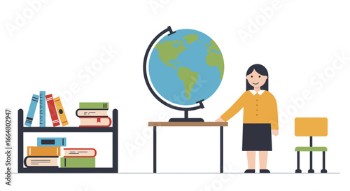Flat design teacher with globe and bookshelves in classroom setting