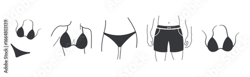 Bundle set isolated outline illustration of underwear, bikini for men and women, open clothing, bra symbol for beach, summer, fashion, modesty.