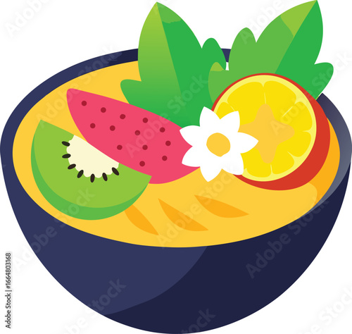 Vibrant fruit bowl with kiwi, strawberry, pineapple, and fresh green leaves—colorful vector illustration