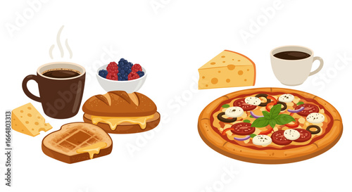 Delicious breakfast and pizza selection with coffee and cheese