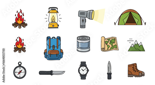 Camping and Hiking Vector Illustration Featuring Essential Outdoor Adventure Equipment Set. Detailed icons on white background for summer adventures