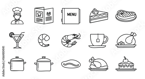 Collection of food service line art icons representing restaurant elements, dishes, and cooking tools for culinary presentations