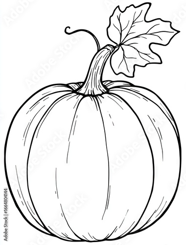 Simple black and white line drawing of a pumpkin with stem and leaf