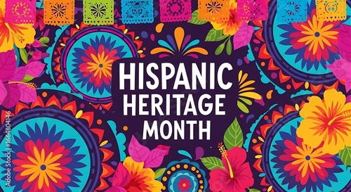 Celebrate hispanic heritage month with a vibrant and colorful design featuring traditional floral patterns and decorative elements, perfect for banners, posters, and greeting cards