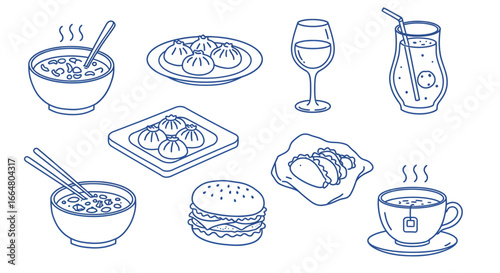 Blue linear icons of popular foods and drinks in simple style