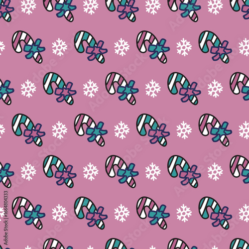 Pink Playful Winter Pattern with Candy Canes, Ribbon, and Snowflakes. Perfect for Christmas wrapping paper, holiday textiles, winter crafts, and seasonal greeting cards.