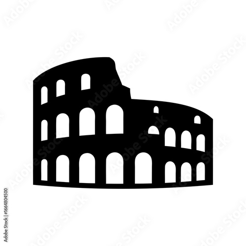 Black silhouette illustration of the Colosseum in Rome, Italy, against white background