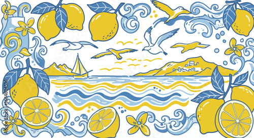 Mediterranean coastal scene with lemons and seagulls in vintage style