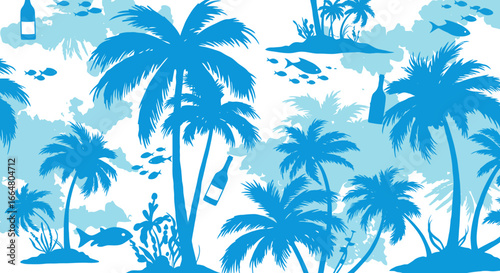 Tropical beach silhouette with palm trees and sea life pattern in blue