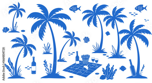 Tropical beach scene with palm trees and picnic elements in monochrome style