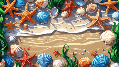 Seashells and starfish arrangement on a sandy beach with vibrant colors and aquatic elements