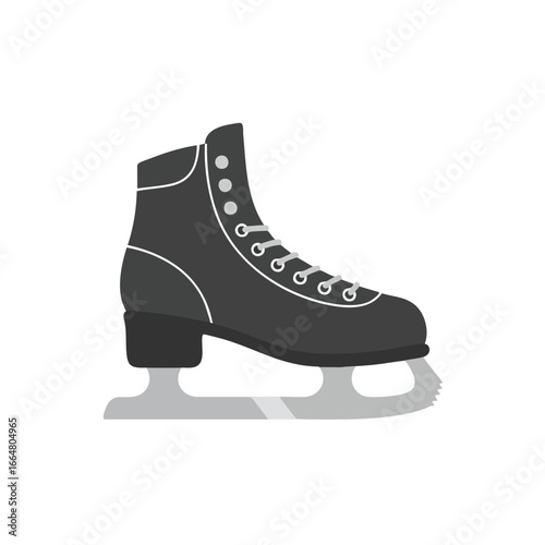 Illustration of a gray ice skate with white laces and a silver blade on a white background.